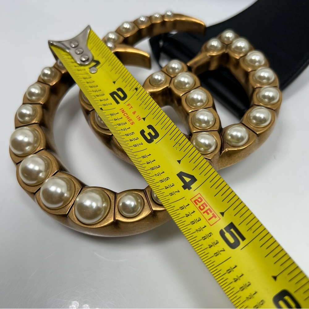 Gucci GG Faux Pearl Accent Black Wide Belt Size 95 - 38 - Picture 7 of 8